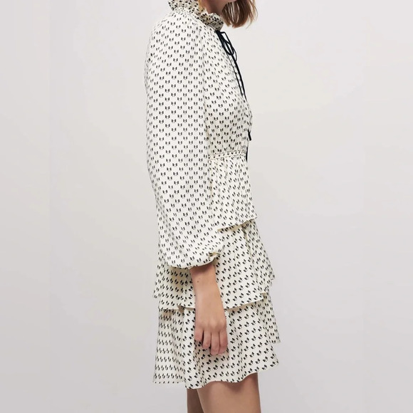 Maje Rinala Mini Dress Bow Print Size 36 Satin White Tie Neck - Picture 2 of 11